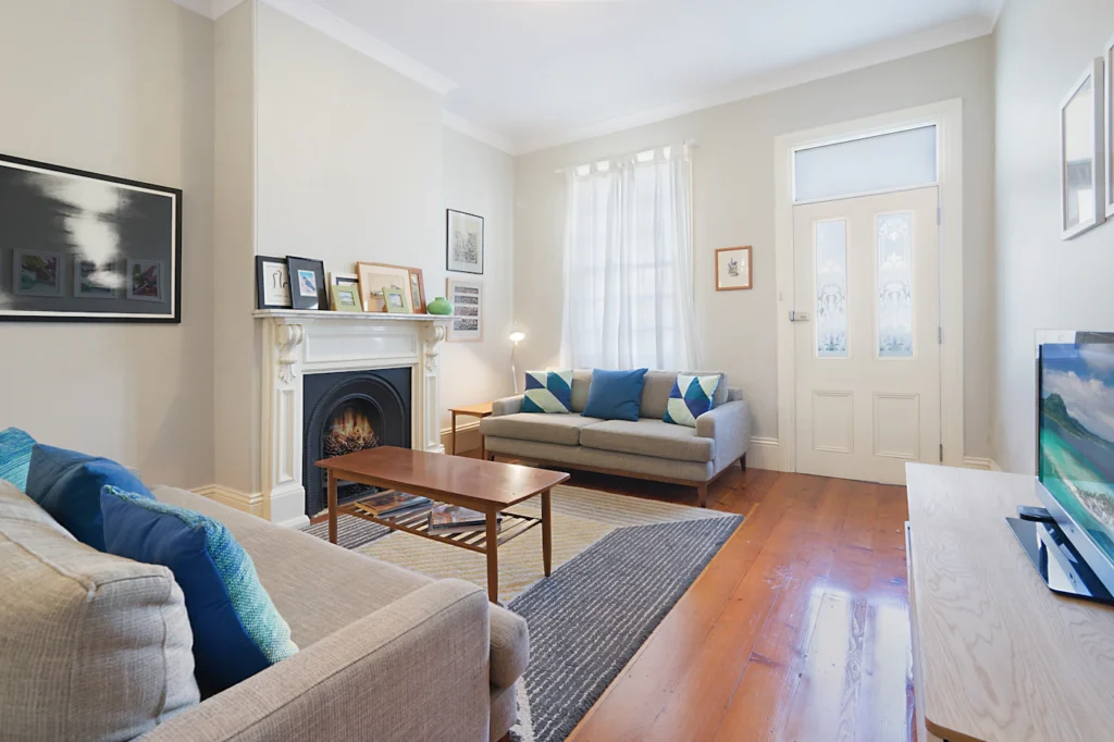 Warm contemporary living room interior designed for comfortable winter living