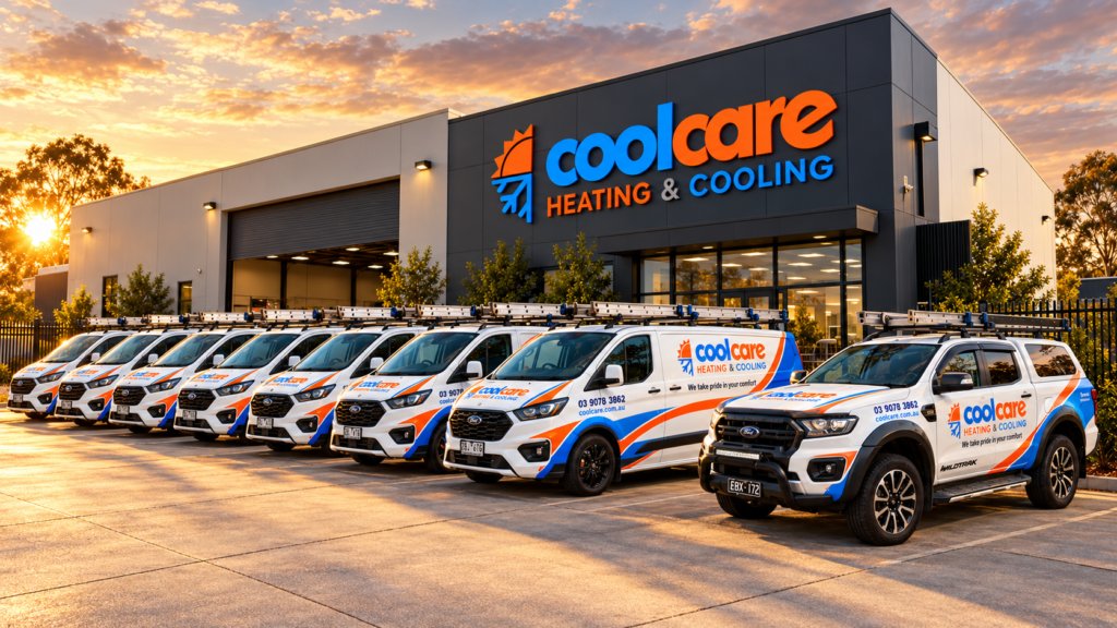 Coolcare Heating & Cooling service fleet outside the Dandenong South headquarters